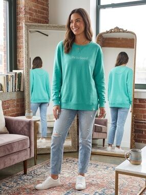 Life Is Good Embroidered Crewneck Sweatshirt Teal Boho XL.